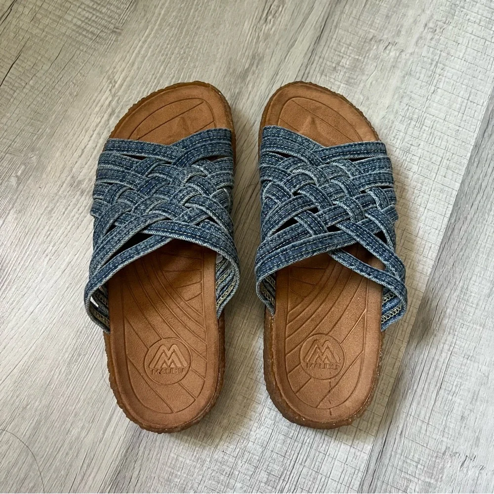 orSlow x MALIBU SANDALS Zuma Washed Indigo Denim Crepe Blue Woven Slide Sandals